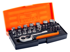 Bahco 1/4" Square Drive Socket Set with Metric Hex Profile and Screwdriver Bits/Bit Holder